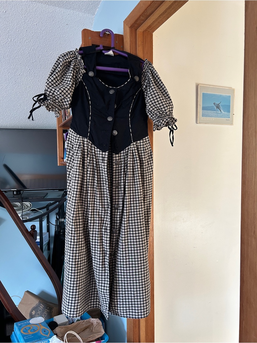 Black & White Check Puff-Sleeve Girls' Dress